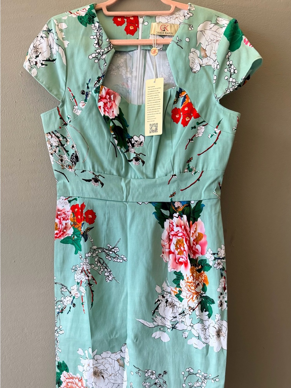 Grace Karin Mint Floral Midi Dress with Cap Sleeves.